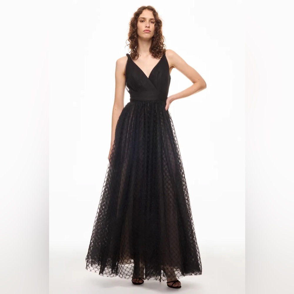 ZAC POSEN Black Pleated Layered Lace Tulle Appliqué Formal Gown Dress Sz 2
